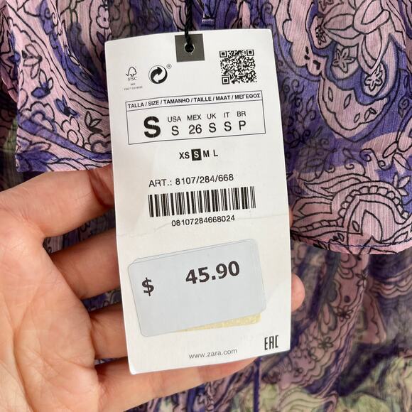 Zara Women's Sheer Purple Paisley Cropped Blouse Size S. NEW - Picture 7 of 9